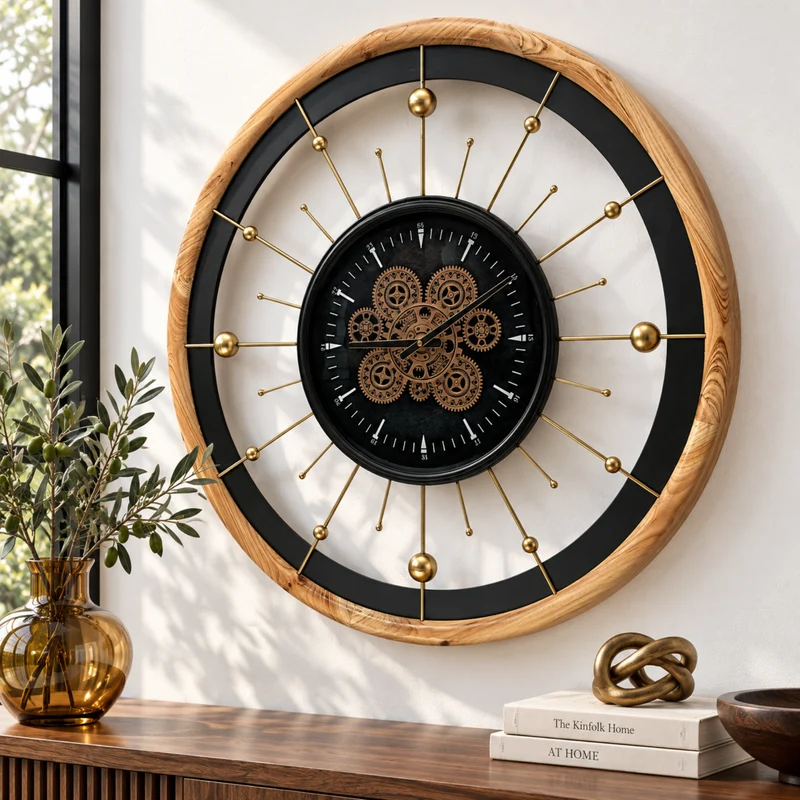 SPAIN LINE WANDUHR RUND 32 ZOLL "BARCELONA" SCHWARZ UND HOLZ