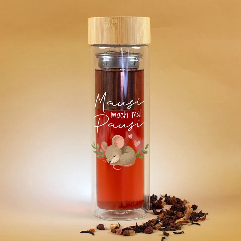 Glasflasche mit Teesieb & Aufdruck 'Mausi mach mal Pausi' | 400 ml Teeflasche doppelwandig