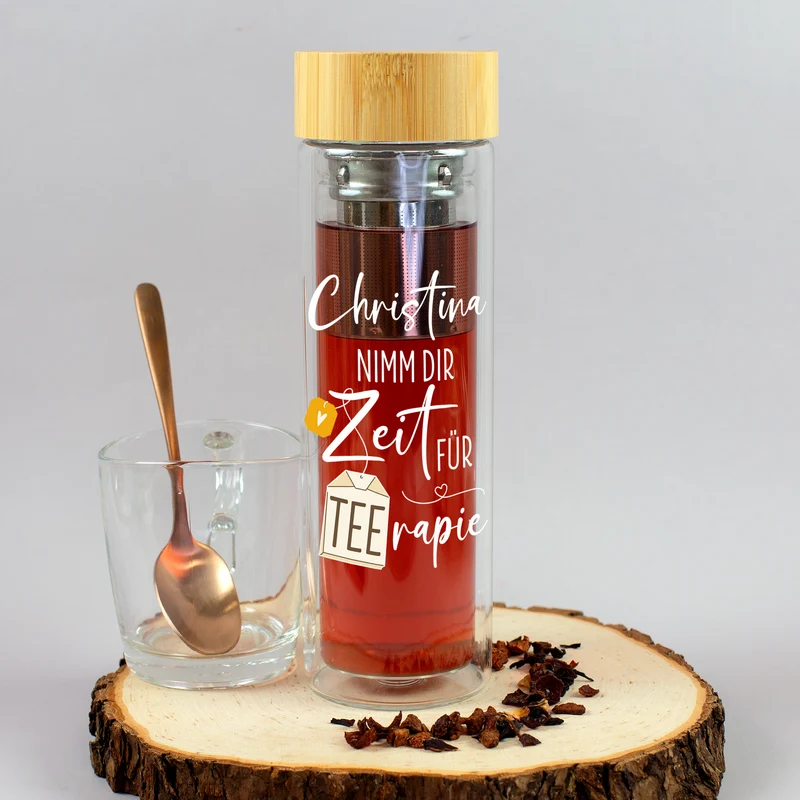 Personalisierbare Glasflasche doppelwandig mit Teesieb | 400 ml Teeflasche mit Name | Teerapie